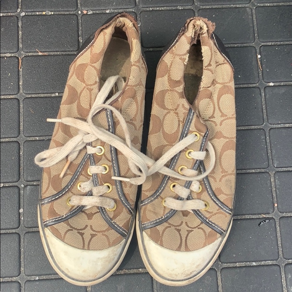 Brown and tan Coach sneakers